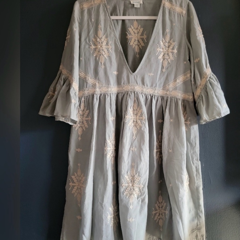 Sundance Light‎ Blue Embroidered Bell Sleeve V Neck Kaftan Mini Sun Dress Medium